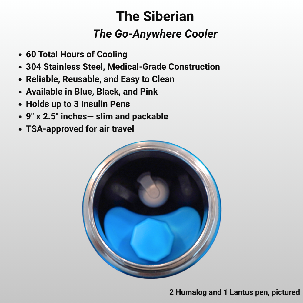 InsulCool Siberian portable insulin cooling case. Feature list and interior view