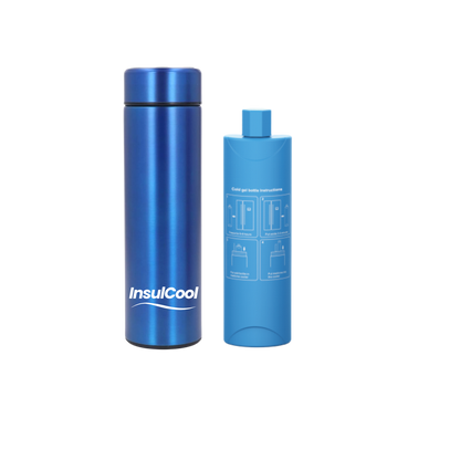 InsulCool Siberian portable insulin cooling case in blue with cold gel bottle