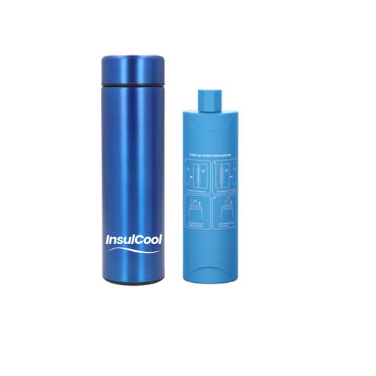 InsulCool Siberian portable insulin cooling case in blue with cold gel bottle