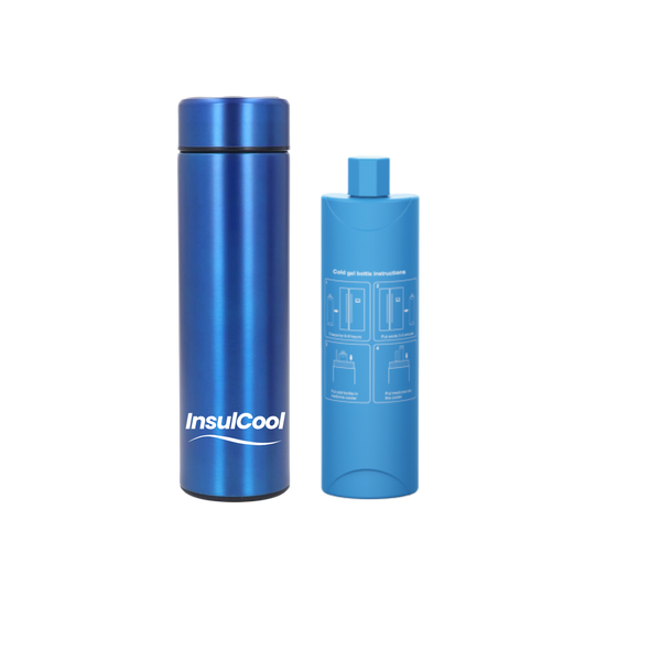 InsulCool Siberian portable insulin cooling case in blue with cold gel bottle