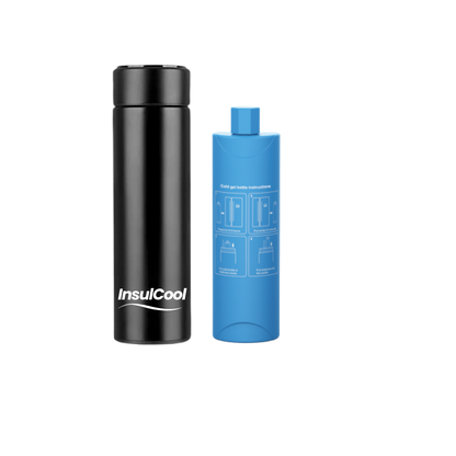 InsulCool Siberian portable insulin cooling case in black with cold gel bottle