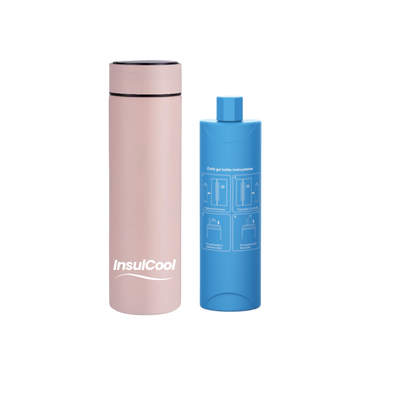 InsulCool Siberian portable insulin cooling case in pink with cold gel bottle