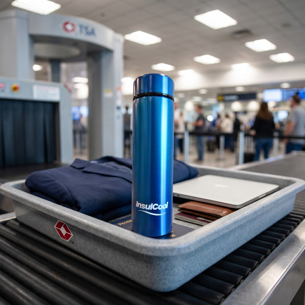 InsulCool Siberian portable insulin cooling case in blue going through airport and TSA security