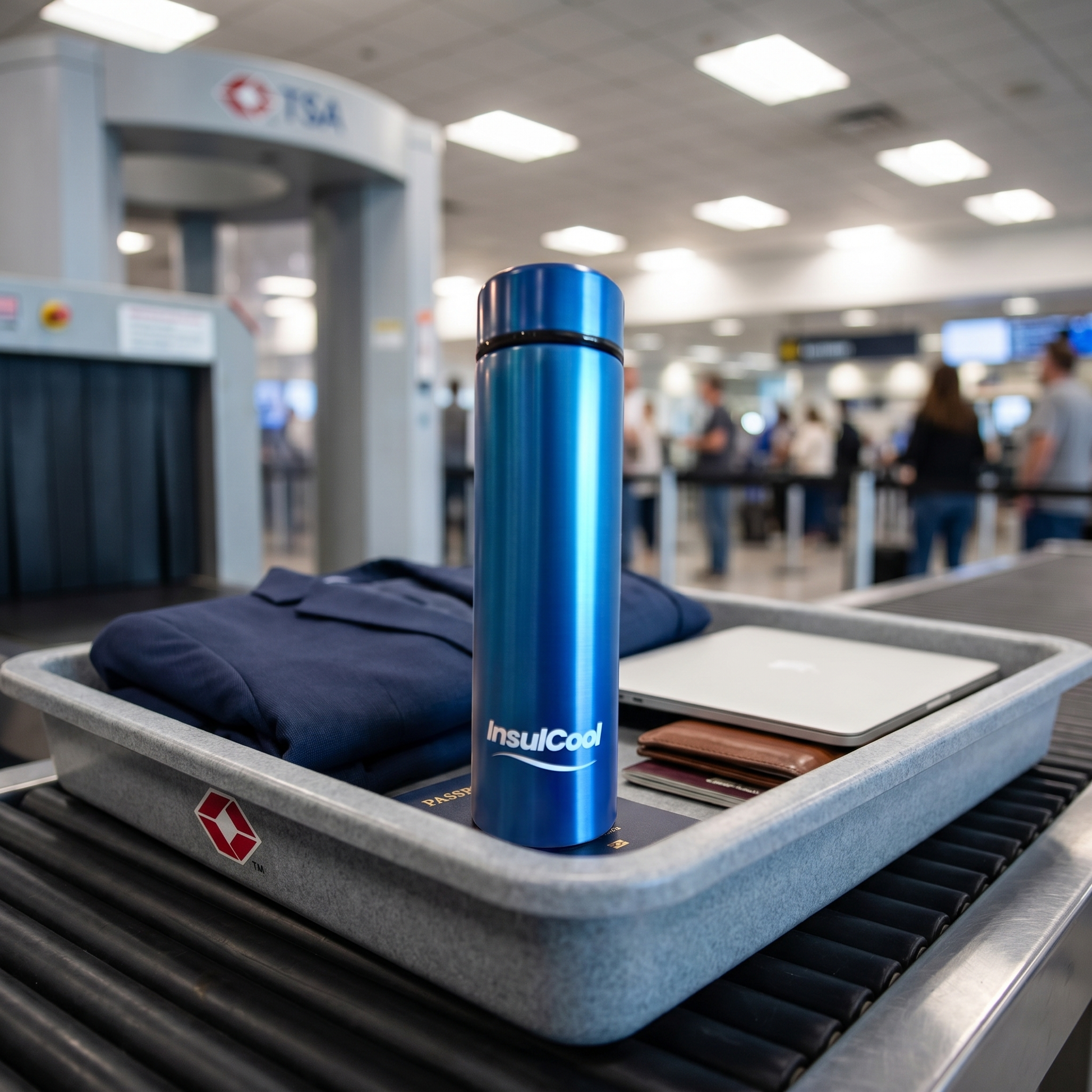 InsulCool Siberian portable insulin cooling case in blue going through airport and TSA security