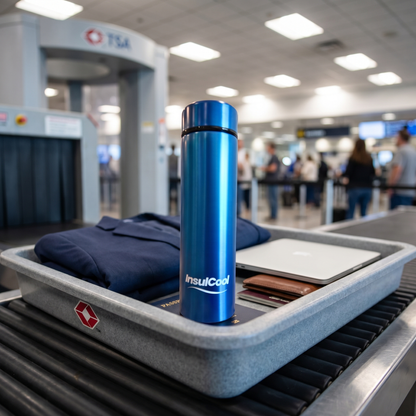InsulCool Siberian portable insulin cooling case in blue going through airport and TSA security