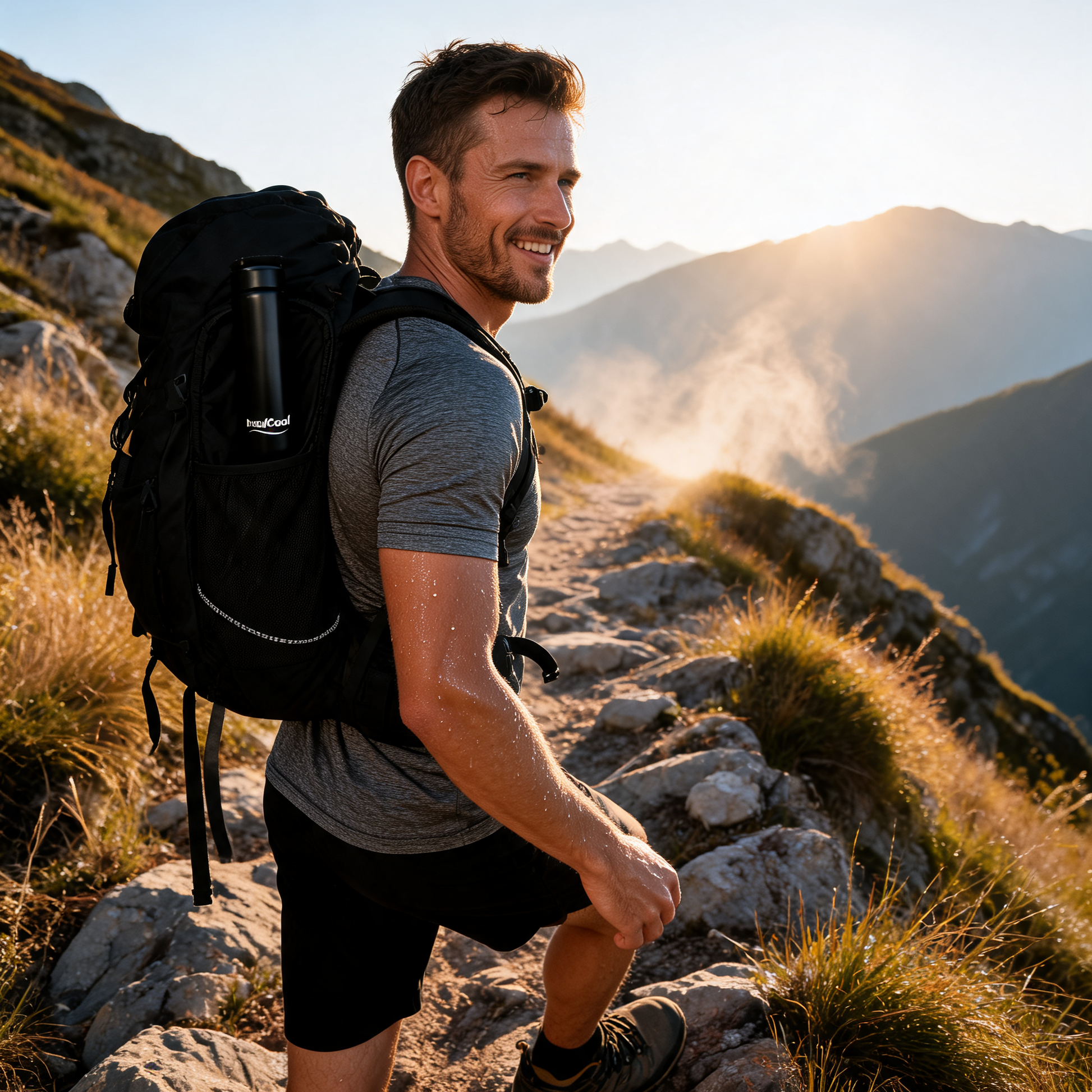 Man hiking on a mountain trail with InsulCool Siberian portable insulin cooling case in black 