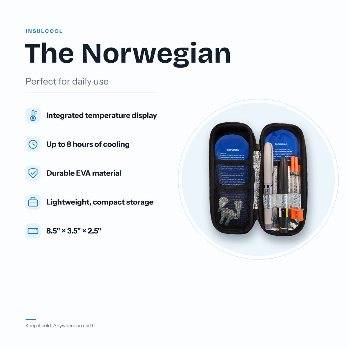 An informational product graphic for the InsulCool 'The Norwegian' cooling case. The right side shows a circular inset of the black zippered pouch open, displaying its integrated blue temperature display screen and storage compartments filled with pens and accessories.